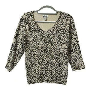 Anna Gray VTG Silk Womens V-Neck Leopard Print Blouse 3/4 Sleeve Size L Mob Wife